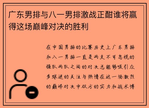 广东男排与八一男排激战正酣谁将赢得这场巅峰对决的胜利